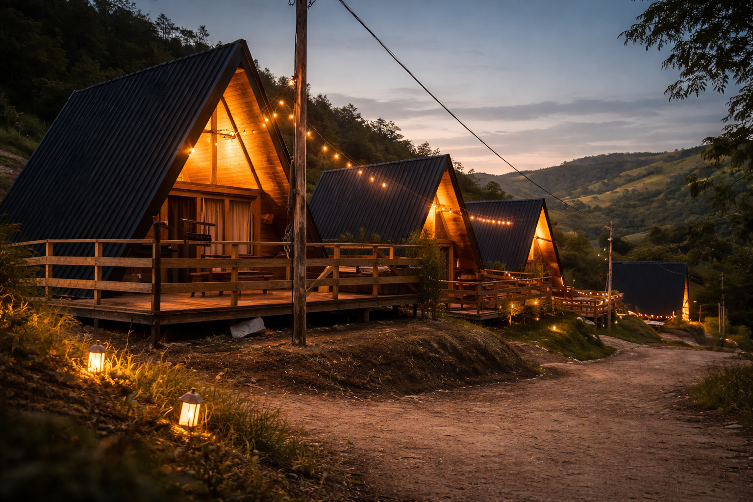 Chalés de madeira iluminados ao entardecer na paisagem da Fazenda Chapadão